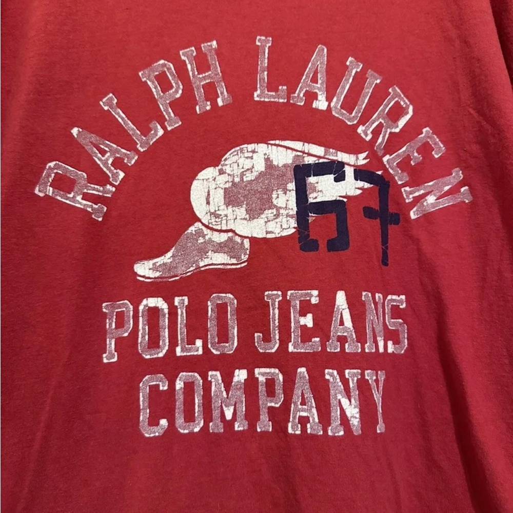 Polo Jeans Co Ralph Lauren Brick Red Distressed T Shirt 2XL Preppy Grunge